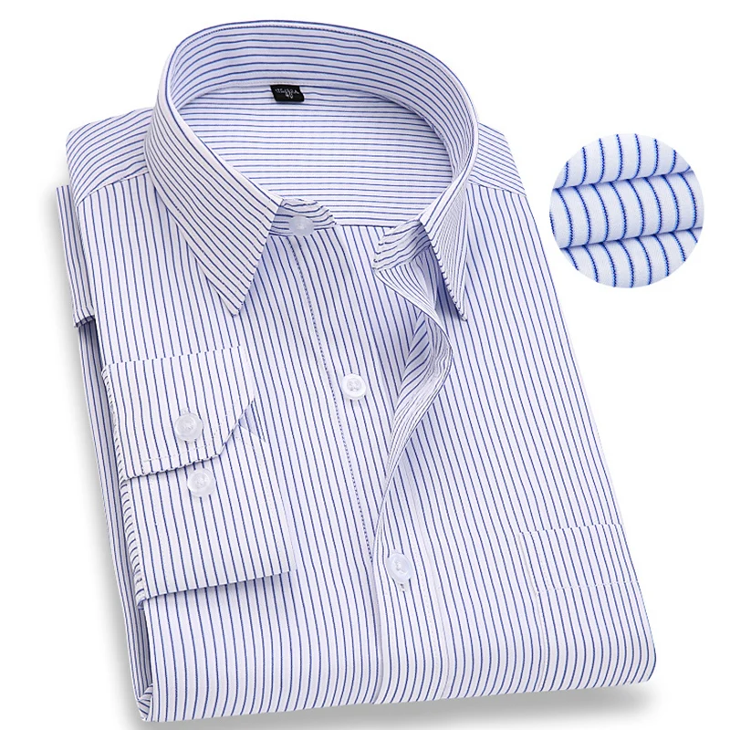 

7XL 6XL Мужская полосатая классическая рубашка с длинным рукавом Деловая против морщин Социальная свадебная вечеринка Slim Fit Офисные официальные белые рубашки Мужские