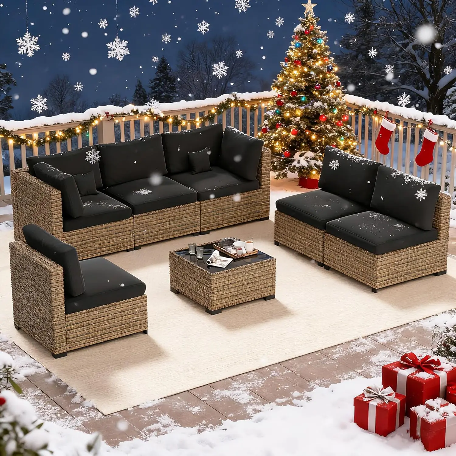 

Комплект садовой мебели из 7 предметов: плетеный секционный диван для двора, ротанговые сиденья с подушками, на заказ