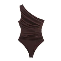 Summer Asymmetric Sleeveless Pleated Silk Mesh Bodysuit Women Single Shoulder Slim Fit Jumpsuit Female Beach Holidays Wear 2026 - Image 4