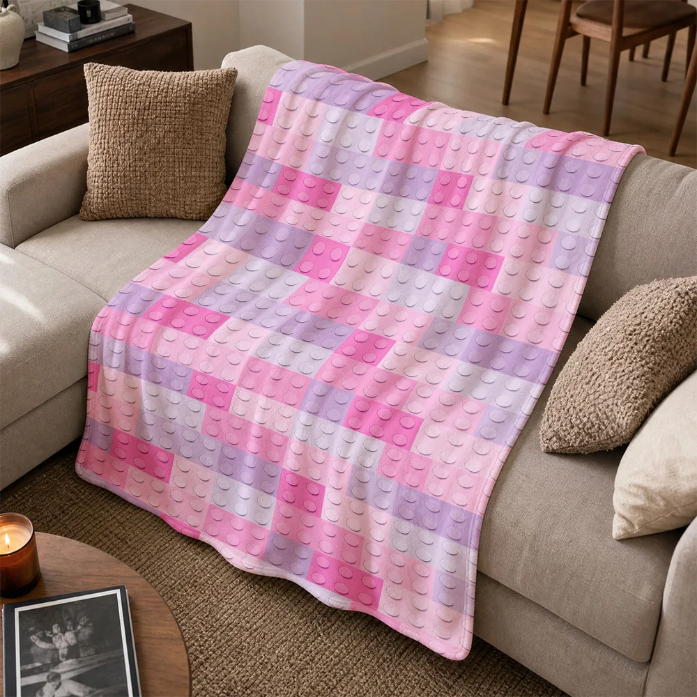 Cute Pink and Purple Building Blocks Throw Blanket Cozy Sofa Couch Decor Gift for Baby Kids Nursery