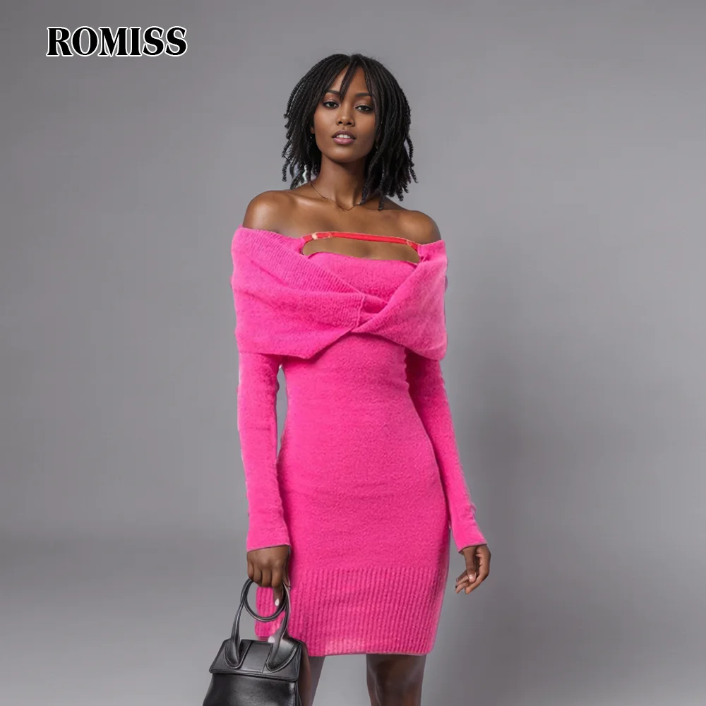 ROMISS Solid Minimalist Dress For Women Slash Neck Long Sleeve High Waist Knitting Mini Dresses Female Clothing Fashion 2024