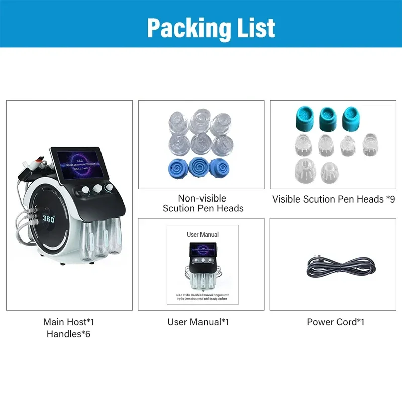 Máquina de cuidados com a pele de hidrodermoabrasão 6 em 1 com bolha de hidro oxigênio para limpeza profunda, lifting facial, remoção de rugas, dispositivo de beleza