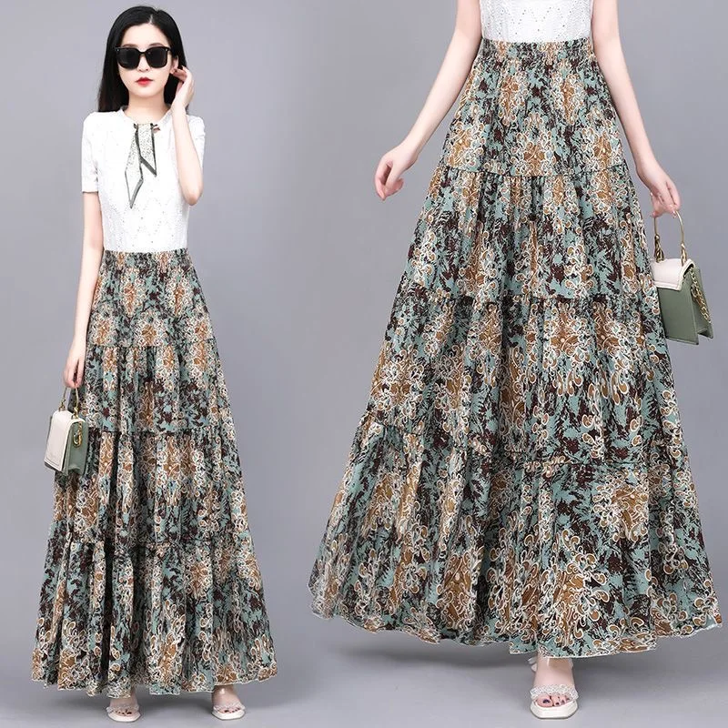 

Юбка-трапеция шифоновая макси с цветочным принтом, Длинная пляжная повседневная в стиле пэчворк, с яркими цветами ромашки, весна-лето