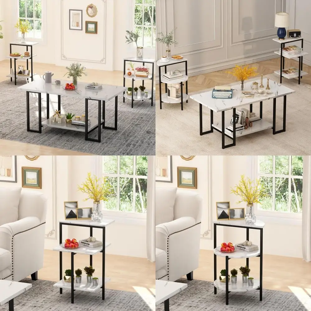 Ensemble de table aspect marbre 3 pièces, café et 2 tables d'appoint, cadre en métal, meubles de salon