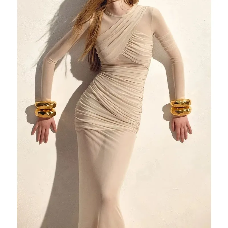 Mesh Ruched Sexy Maxi Dress For Women Fashion Zipper Patchwork See Through Long Sleeve Elegant Club Party Long Dress