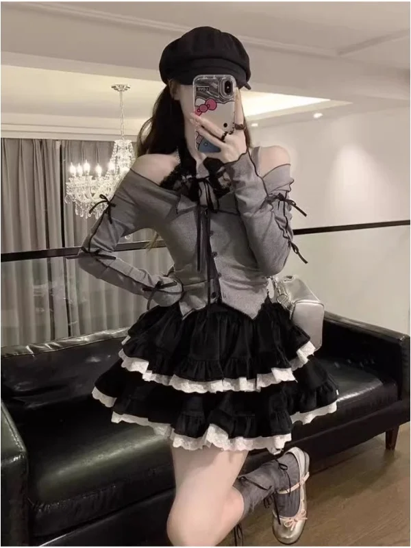 Doce e picante sle veludo renda ter ne topo e saia conjunto de duas peças para mulher outono inverno faion ensemble