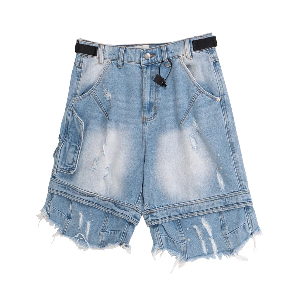 파리 스타일 하이 스트리트 아메리칸 워시드 홀 라지 사이즈 블랙 세븐풋 데님 반바지 오버니 남성 워크웨어 반바지