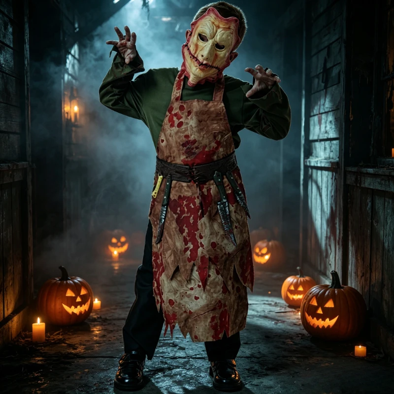 Disfraz de chef zombi especial para Halloween, Carnaval, con máscara, traje de asesino en serie, thriller, ropa de carnicero manchada de sangre.