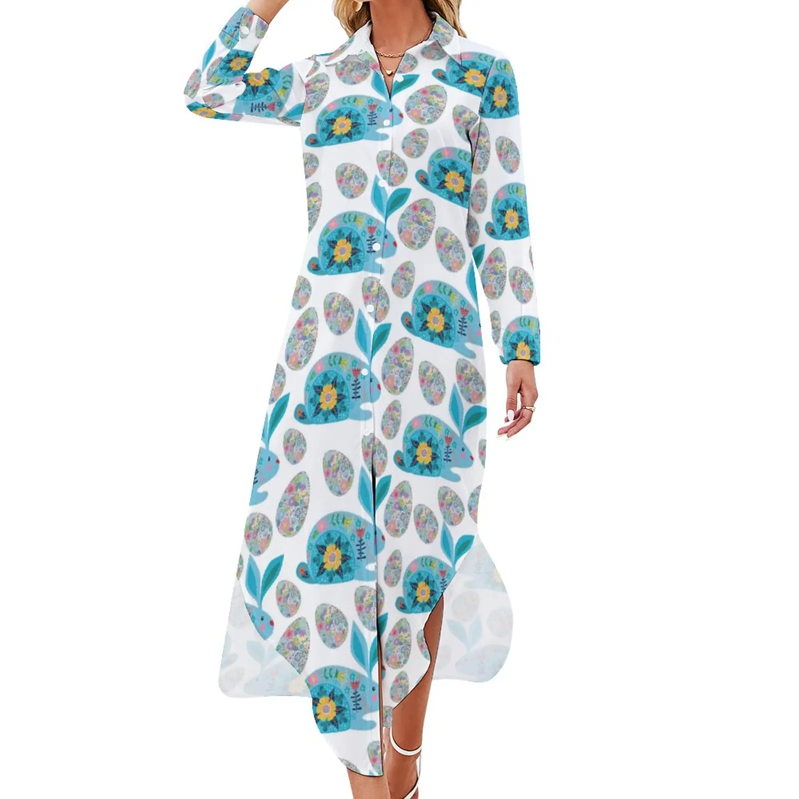 

Easter Egg Casual Dress Flower Bunnies Art Aesthetic Dresses Long Sleeve Beach Female V Neck Graphic Big Size Chiffon Dress