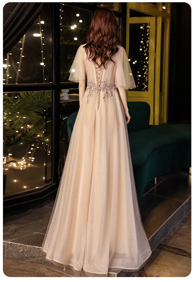 Elegant Champagne Prom Dresses V-Neck A-Line Tulle Perspective Butterfly Sleeve Long Banquet Party Gowns With Appliques Bead New