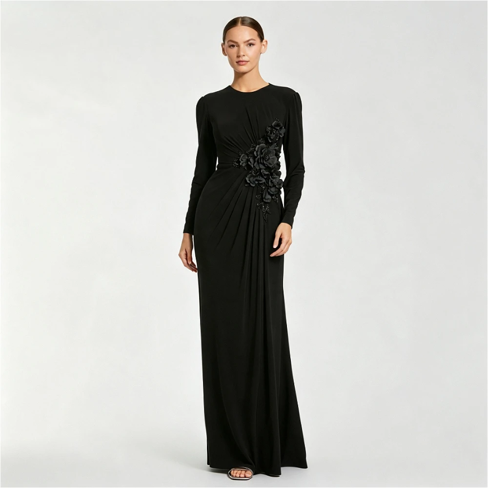 Customized Long Sleeve Jersey Evening Dress Ruched Waist Side 3D Black Floral Beaded Floor Length Elegant Party Gown
