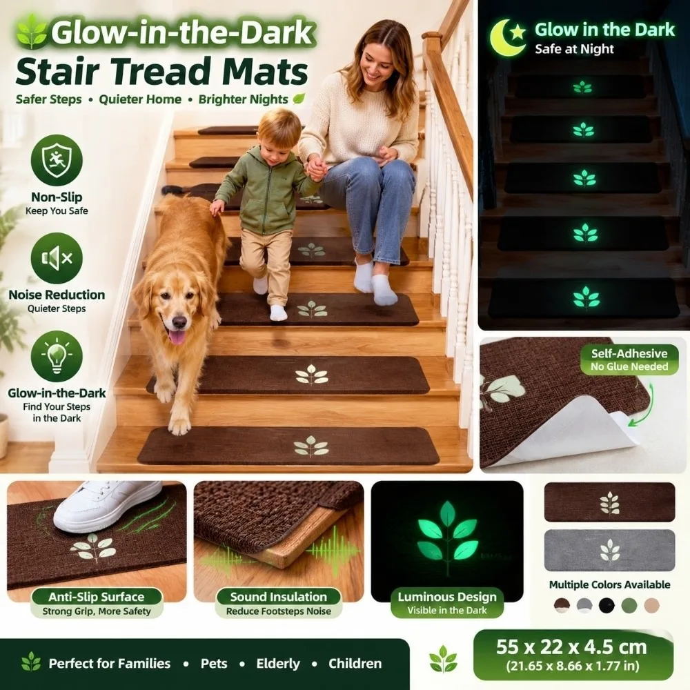 Glow in the Dark Stair Treads Self Adhesive Noise Reduction Luminous Stair Mats Non Slip Washable Stair Rugs Strips for Elderly