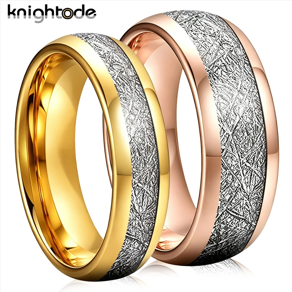 Pierścienie z węglika wolframu 6mm 8mm, klasyczne, z białą inkrustacją meteoritem, modna obrączka ślubna, biżuteria zaręczynowa, wykończenie polerowane, kształt kopułki.