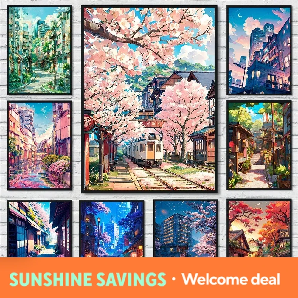 Japanese Street Scenery Cherry Blossom Architecture Canvas Poster Flowers Plants Landscape Wall Art Prints for Modern Home De
