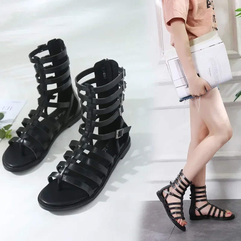 Black Rear Zipper High Top Comfortable Women\'s Sandals Summer Sexy Peep Toe Narrow Band Hollow Roman Cool Boots Flat Shoe