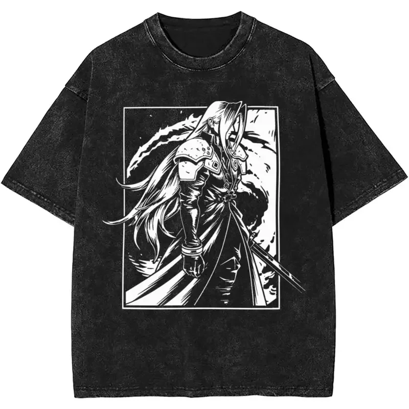 Game Final Fantasy Sephiroth Washed T Shirt Streetwear Hip Hop Vintage T-Shirt gaming Tees Tops Men Women Short Sleeve Harajuku