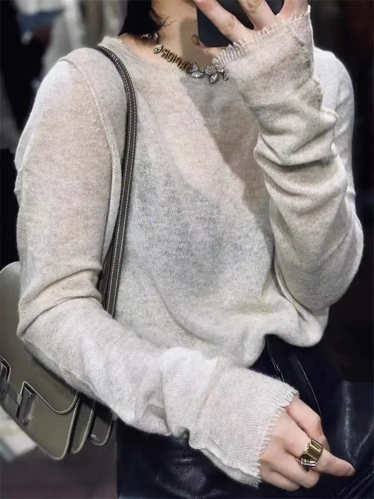 2024 봄 가을 신상 순 캐시미어 라운드넥 프린지 캐시미어 스웨터 여성 루즈핏 한국 스웨터 패션 울 베이스 셔츠