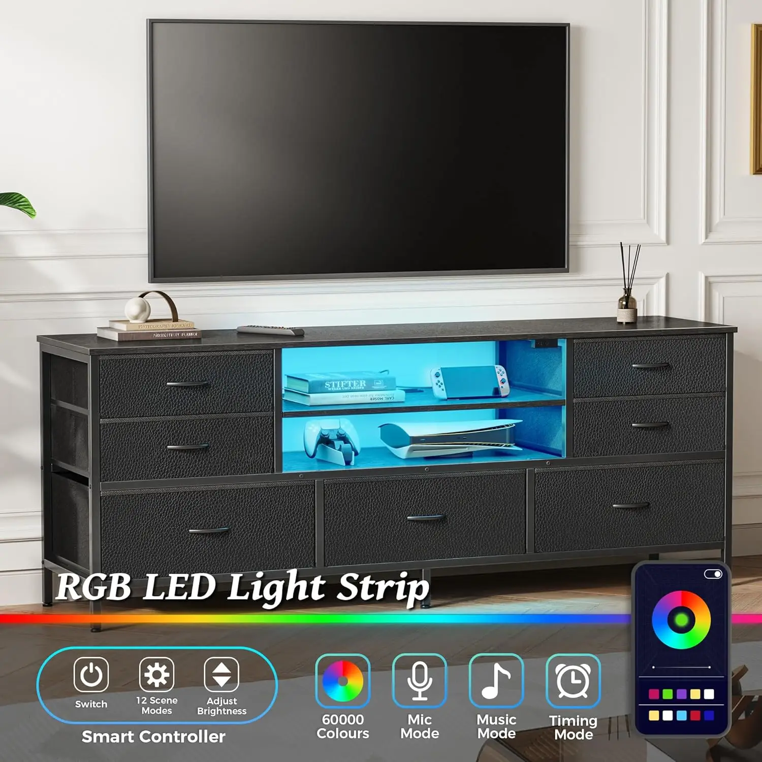 حامل تلفزيون ذو 7 أدراج مع أضواء LED ومنافذ طاقة، ودعم تلفزيون 60 بوصة، ووحدة تحكم من جلد البولي يوريثان الأسود