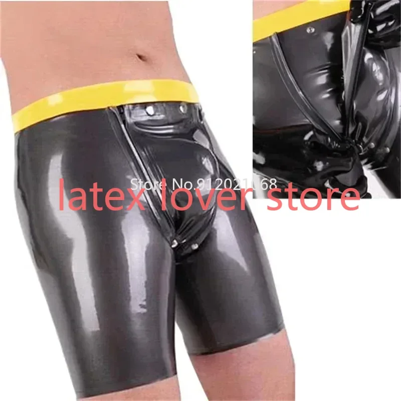 Men Latex Gummi Boxer Shorts with Codpiece Rubber Underwear Black with Yellow 0.4mm Customized