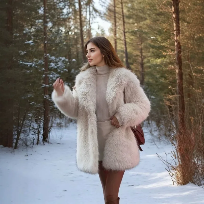 European American Cross-border Winter Fox Fur Laid-back Style Fur Mid-length Artificial Fur Coat Fashionable Simple Warm Women's