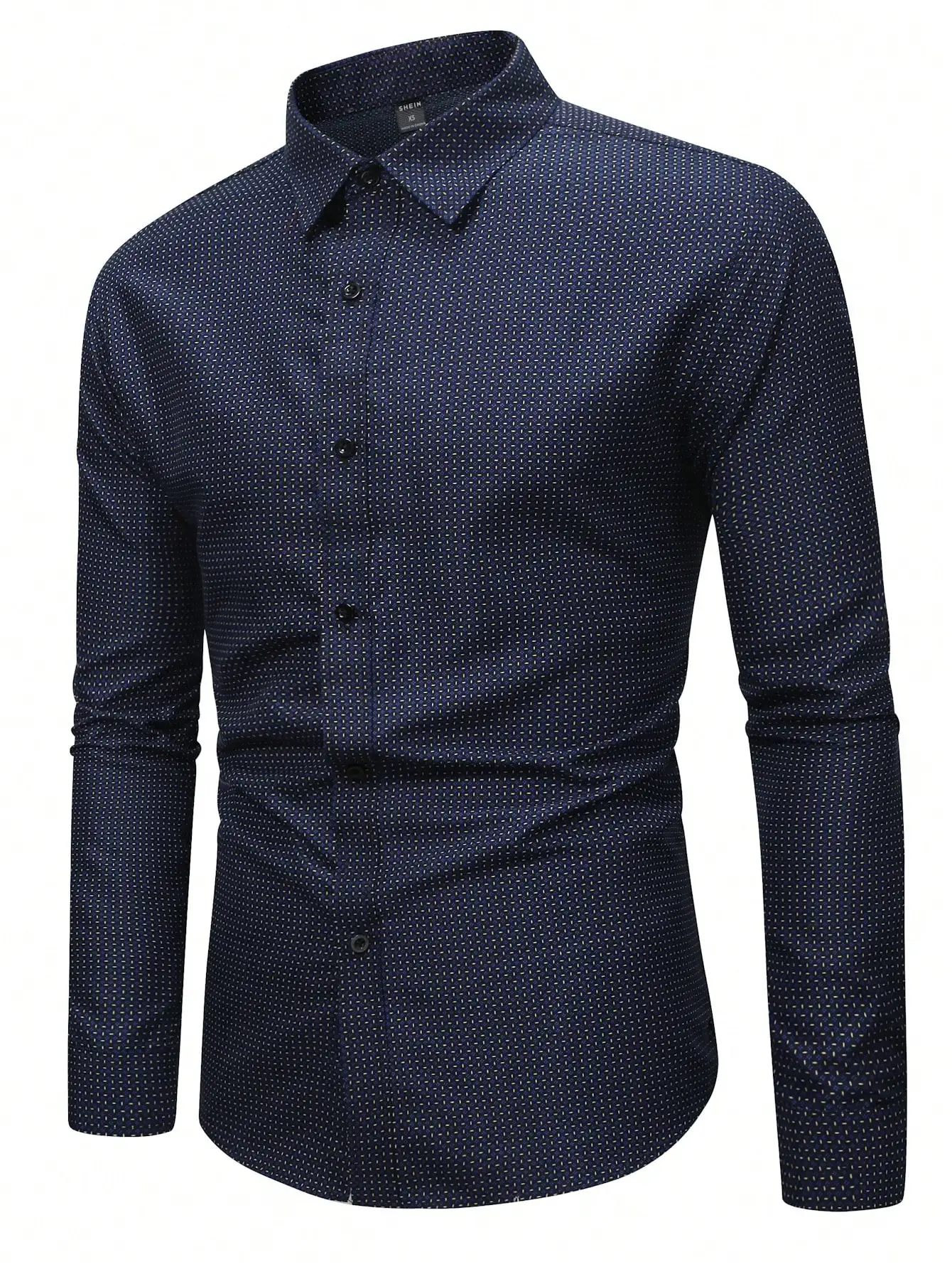 

Men's Navy Blue Geometric Print Button-Up Long Sleeve Casual Dress Shirt