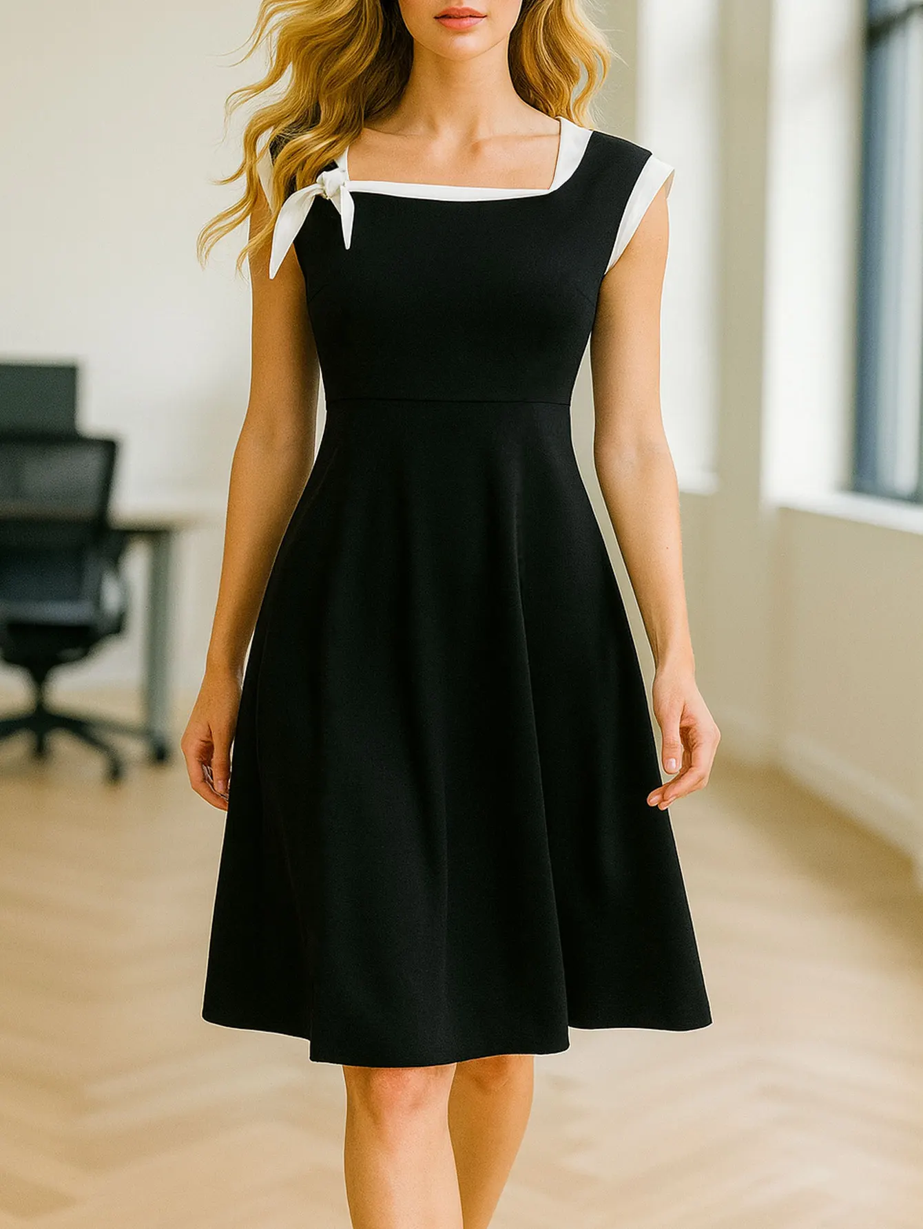 Womens Sleeveless Elegant Summer Work Office A-Line Black Tie Up Business Casual Party Slim Fit And Flare Swing Dress