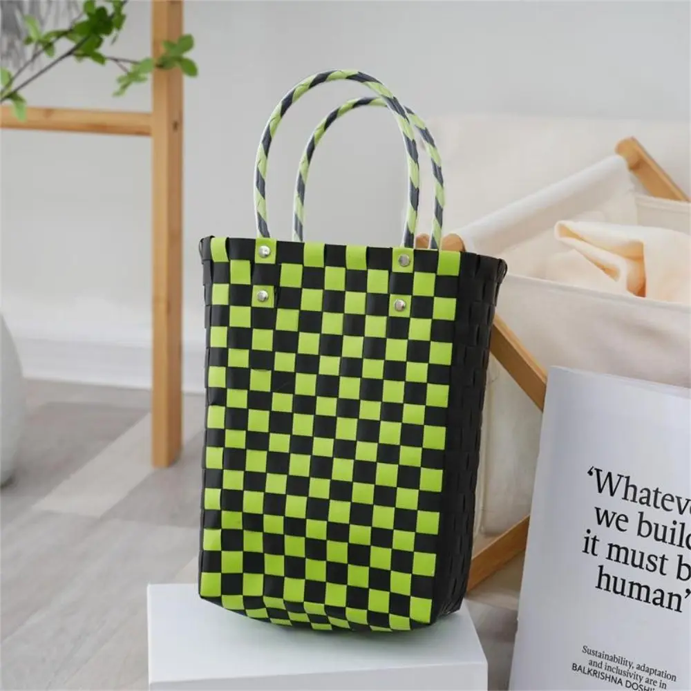 Woven Tote Bag, PVC Market Shopping Tote Basket, Large Capacity Grocery Bag with Handle, Colorful Wicker Beach Bag for Women