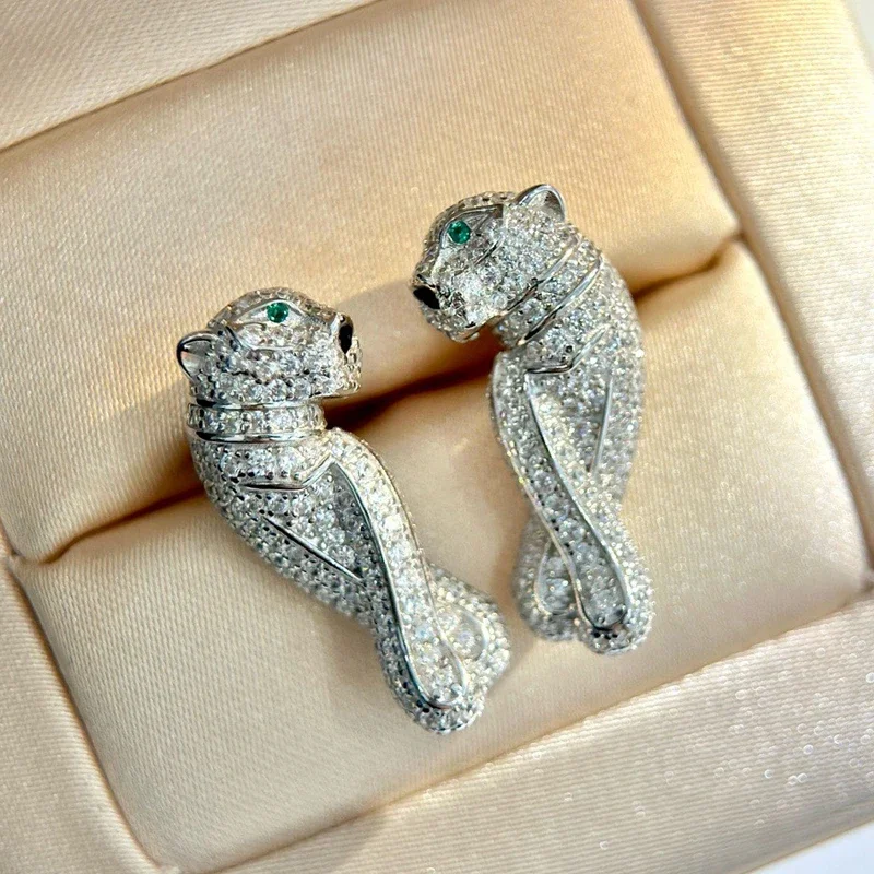 

New Arrival Luxury Brand Designer Real 925 Sterling Silver Stud Earrings Green Eyes Leopard Head Full Zircon Women Jewelry Gift