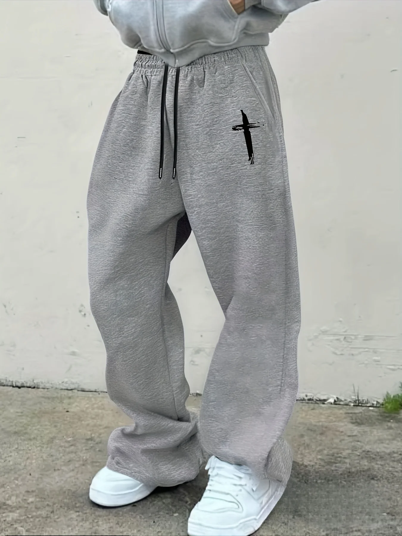 

Мужские черные спортивные штаны, простой белый крестообразный принт, повседневные спортивные штаны, брюки с эластичной резинкой на талии и завязками, подходят для повседневного ношения