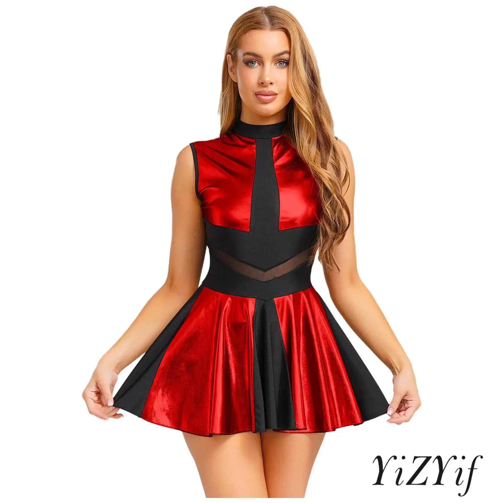 

‌Halloween Cosplay Shiny Flared Pleated Hem Dress for Womens Sleeveless Cocktail Outfit for Cheerleading Nightclub Costume