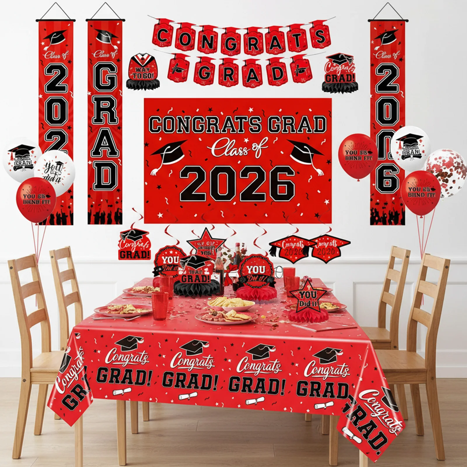 

48PCS Graduation Party Decor Kit Red Balloons Banner Door Curtain For Ceremony Celebration Party DIY Supplies