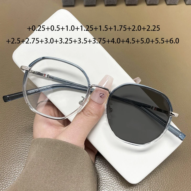 

New Polygon Photochromic Reading Glasses Women Alloy Optical Reader Sunglasses With Diopter +0.25 +0.5 +0.75 +4.5 +5.0 +5.5 +6.0