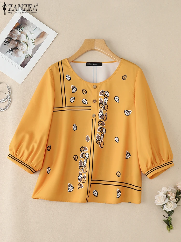 ZANZEA Vintage Women Printed Blouse 2025 Autumn Puff Sleeve Shirts Casual Tunic Tops Fashion O-Neck Loose Oversized Clothing