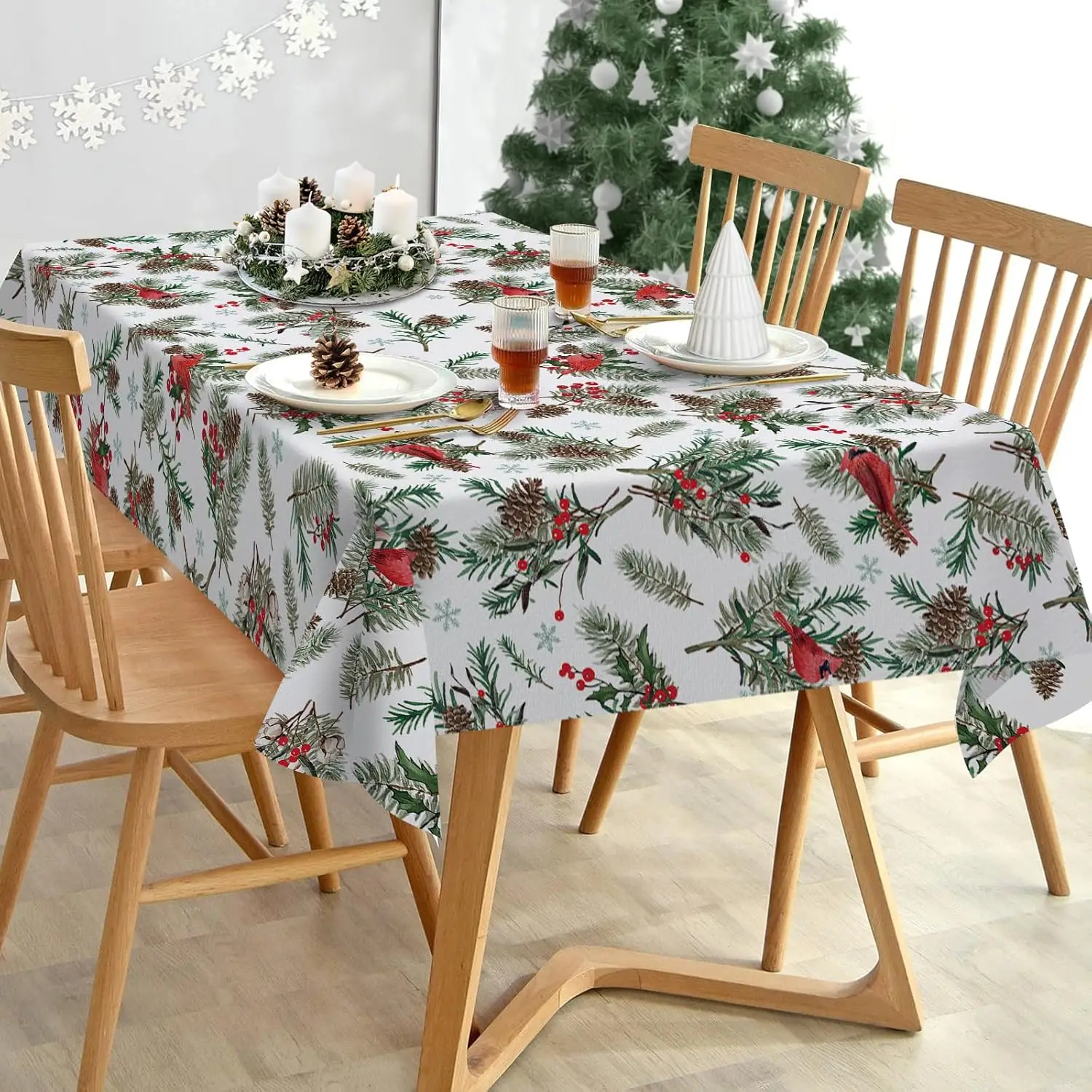 Christmas Pine Cone Needle Berry Birds Rectangle Tablecloth for Table Decor Winter Xmas Dining Table Cloth Christmas Decorations