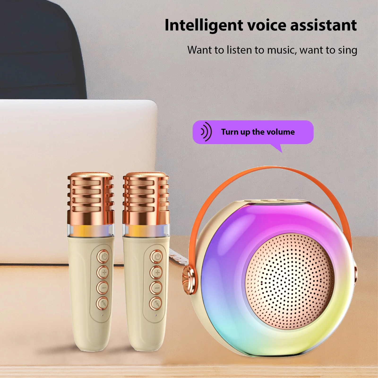 2つのワイヤレスマイク,Bluetoothマイク,KTVスピーカーセット,RGBライトエフェクト,音声制御システムを備えたカラオケマシン