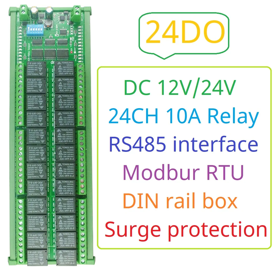 24CH RS485 ON/OFF Momentary Delay Latch 12V 24V Relay Module Uart Modbus PLC IO Board N4DOJ24 for Motor LED Smart Home Diy