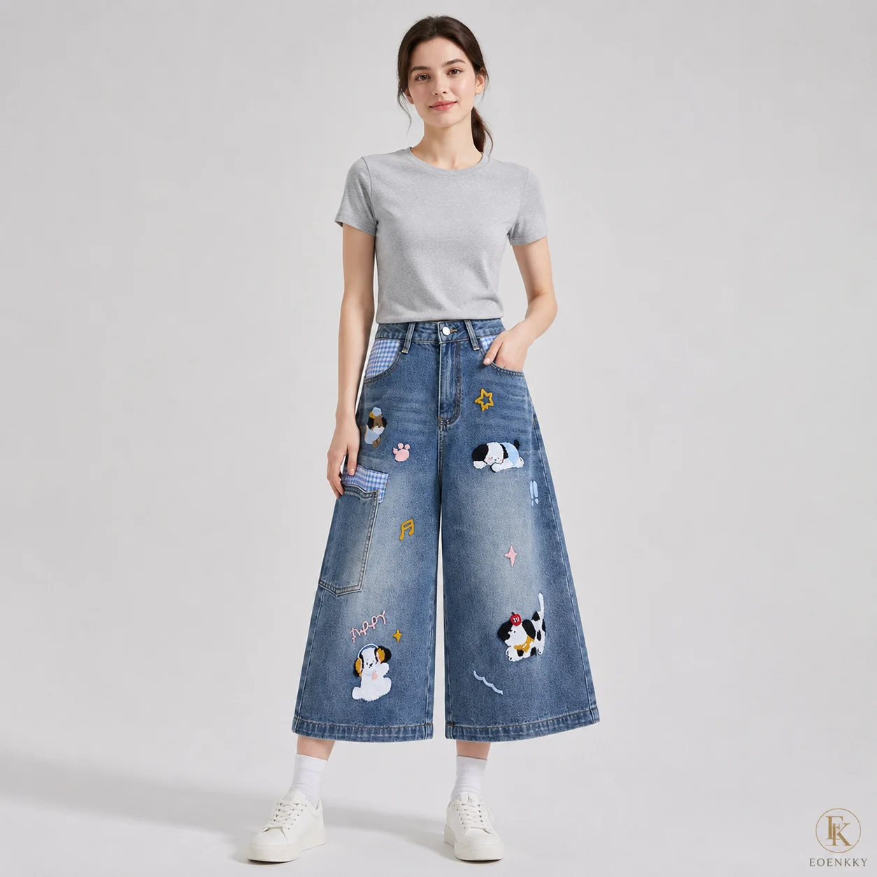 Women's Embroidered Denim Capri Pants Wide Leg High Waist Cropped Jeans Cute Dog Loose Casual Summer Trousers