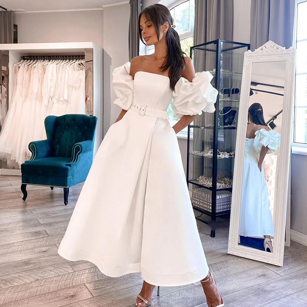 A-line Solid Color Bride Gown Boat Neck High Slit Simple Wedding Dresses  Backless Ankle-Length Customize To Measures Stunming