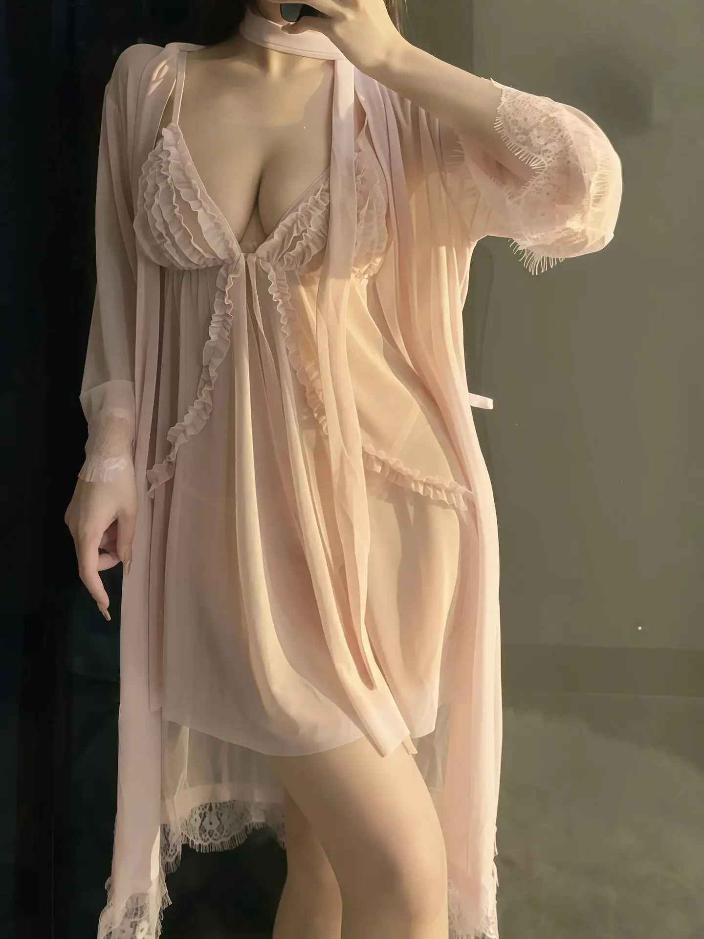 플러스 사이즈 섹시 퓨어 디자이어 나이트드레스 홈 섹시 파자마 투명 메쉬 캐미솔 레이스 트림 메쉬 스플라이싱 드레스 매력적인 2Y07