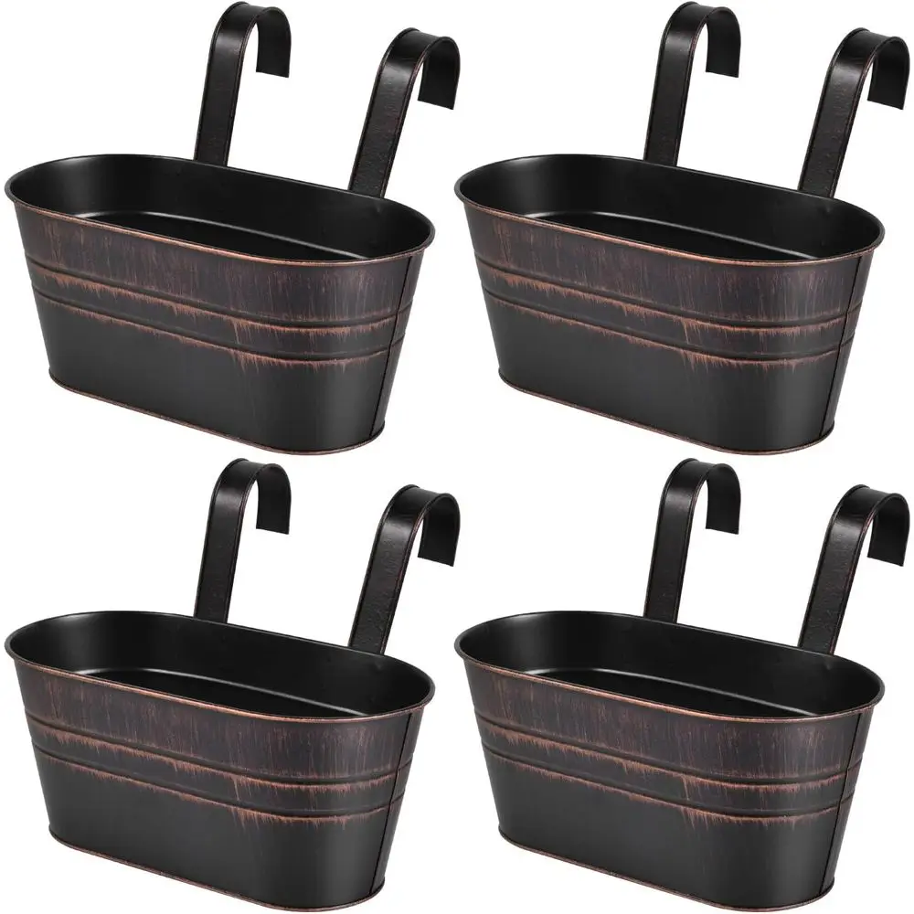 4 Pack Metal Hanging Lower Pots Iron Railing Planter Outdoor Hanging Pots Bucket Plant Holder with Detachable Hooks Drain Holes