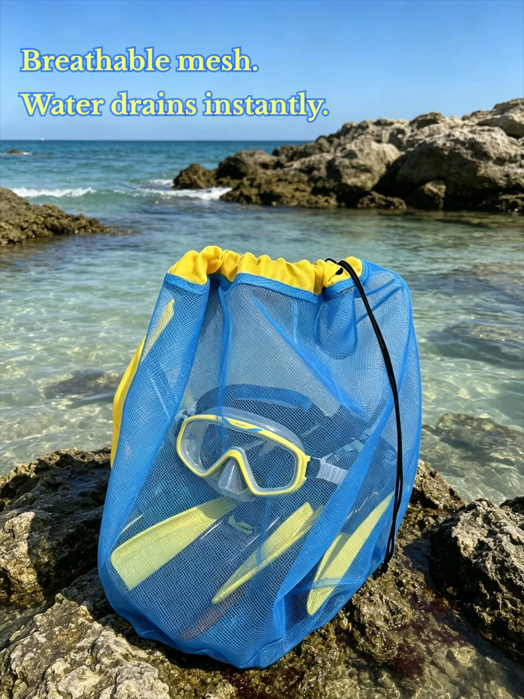 Large Mesh Drawstring Beach Bag Capacity Swimming Gym Toy Storage Quick Dry Net Backpack Portable Travel Sand Away Tote view 5