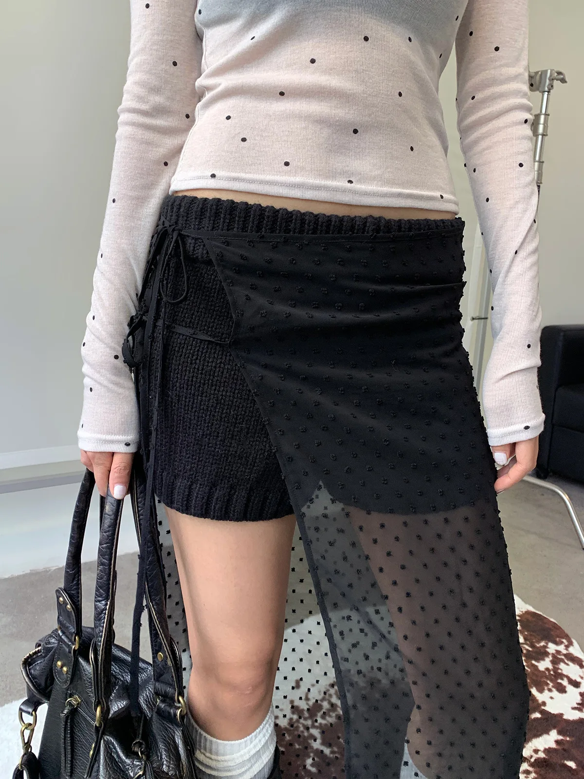 New 2024 Women Flocking Polka Dot Lace Up Skirt Perspective Layered Gauze High Street Spicy Girl Design Trendy Stylish Casual