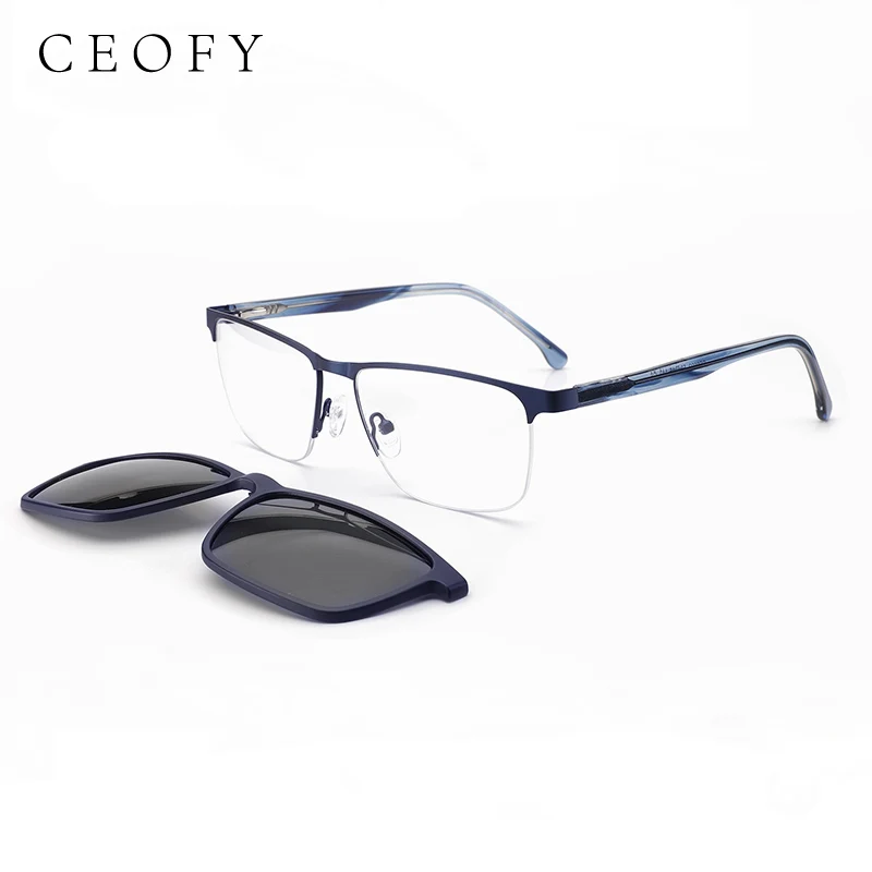 Ceofy 2023 Men Metal Half Rim Glasse Frame Sun Visor Magnet Clip On Polarized Sunglasses Optical Eyeglasses Frame New Arrival