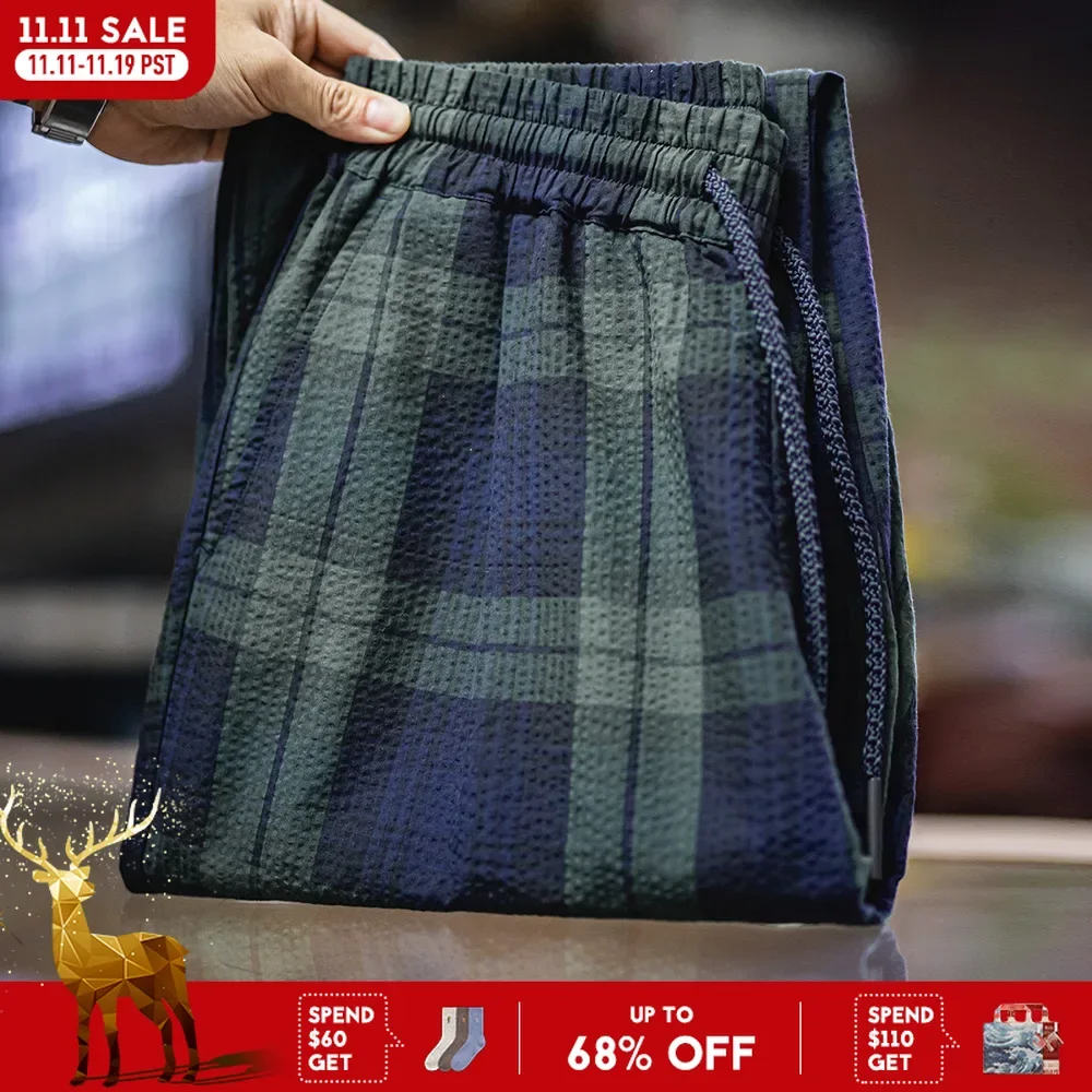 

Maden Vintage Tartan Trousers Lightweight Seersucker Pants with Elastic Waist Classic Casual Pants for Men's Summer and Autumn