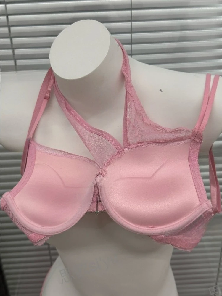 Pure Desire Dessous-Set, dick gepolsterte Körbchen, französischer Nachtclub-Stil, rosa Diagonalriemen, sexy, durchsichtiges BH- und Höschen-Set, 32–38 AB-Körbchen, USA
