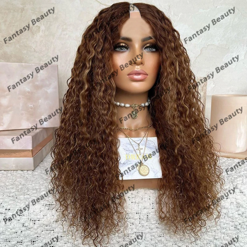 Chestnut Brown Blonde Highlight Bayalage Human Hair 1x4 V Part Wigs for Black Women 28Inches Long Natural Water Curly V Part Wig