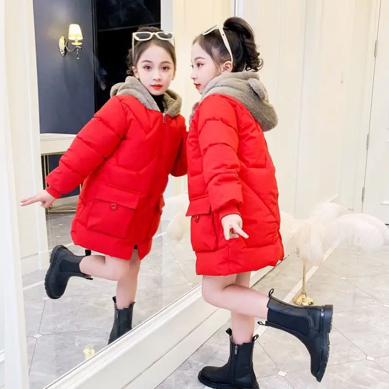 

Winter new girls' cotton coat, Korean version, medium to large size, children's medium to long length, thick and plush teddy bea