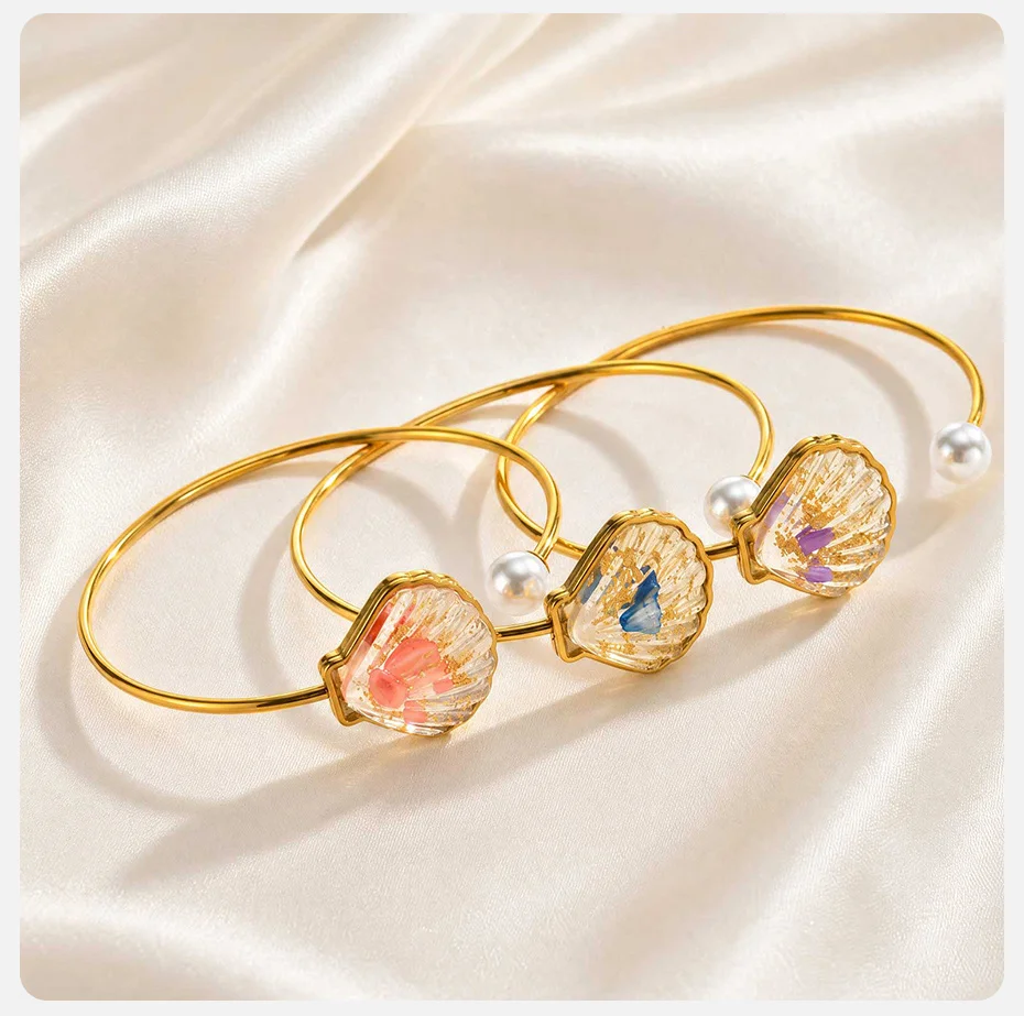 Vnox Boho Buntes Harz-Muschel-Imitat-Perlen-Armband für Frauen, Emaille-Manschette, Niedlicher Armreif, Ozean-Strand-Urlaubsschmuck – Detail 5