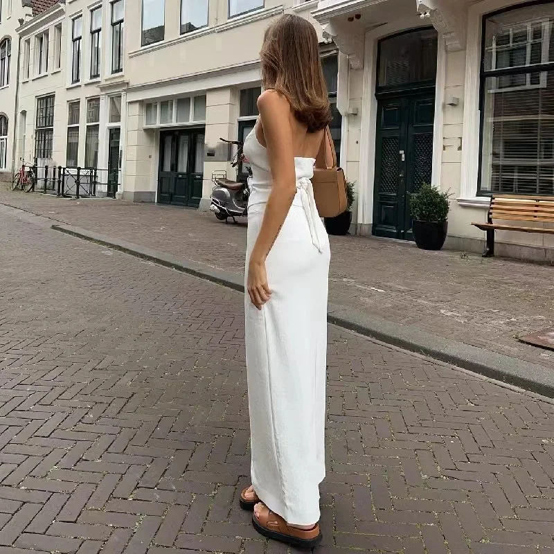 2024 Halter Tank Top Skirt Set Women 2 Piece Single Breasted Backless Bandage Vest Split Long Skirt Matching Sets Lady Outfit