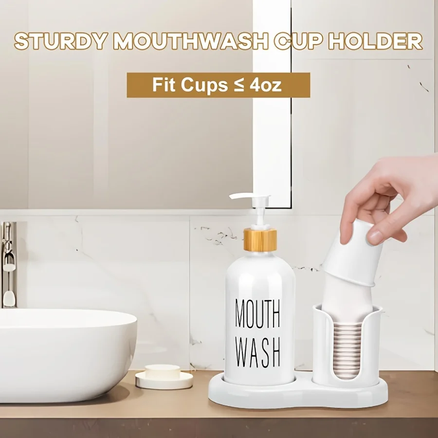 3pcs Bathroom Mouthwash Dispenser with Cup Holder,16 OZ Bottle with Pump Head,Paper Cup Holder,Mouthwash Cups ,Refillable